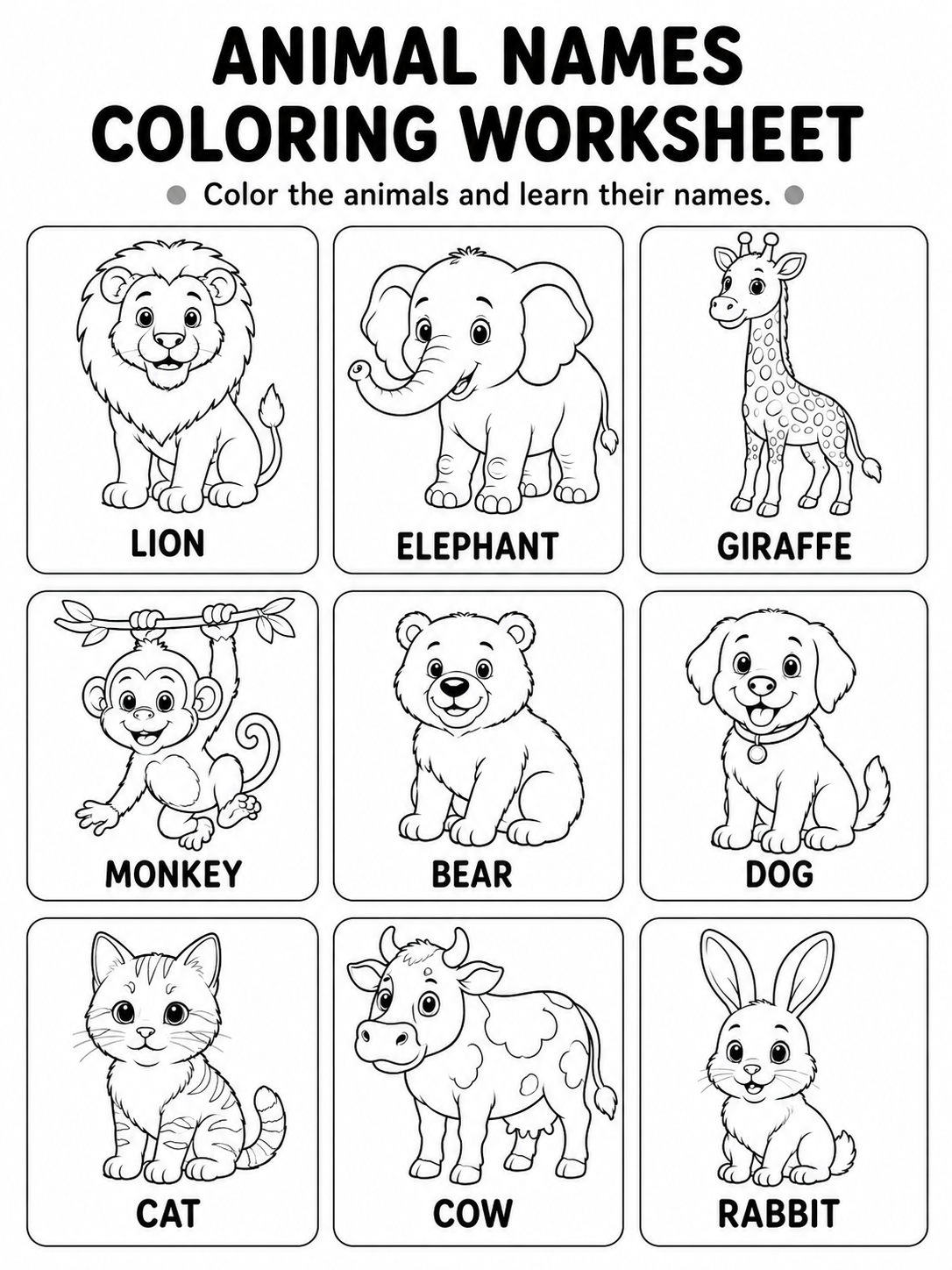 Animal Names Coloring Worksheet