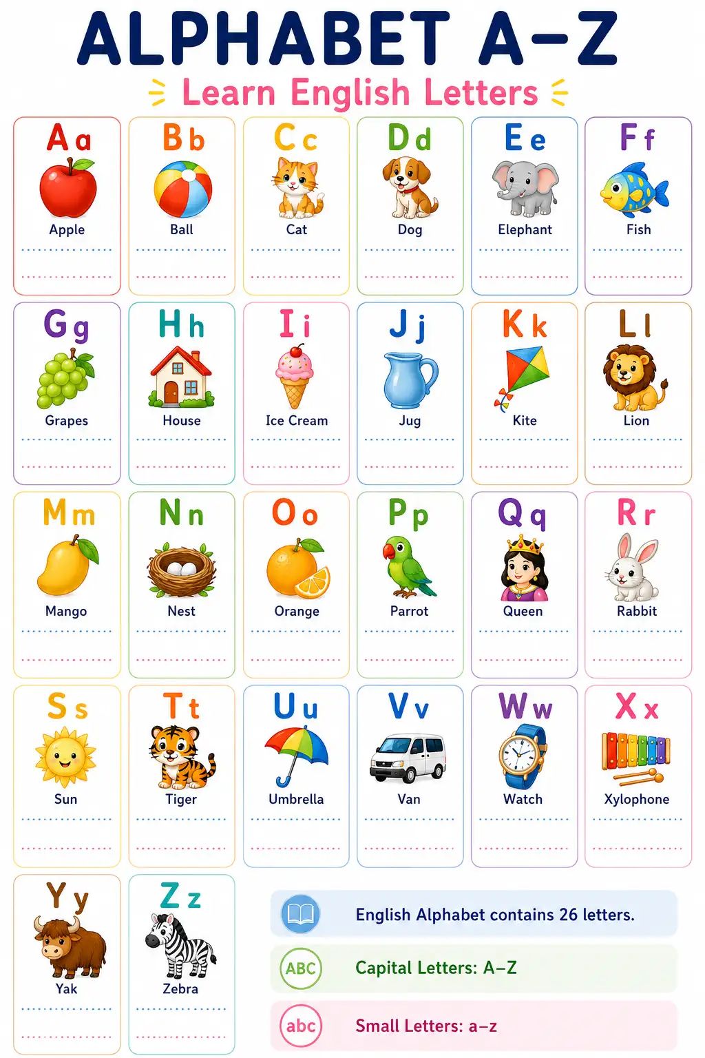 ALPHABET A-Z: Learn English Letters (Name Practice Worksheet)