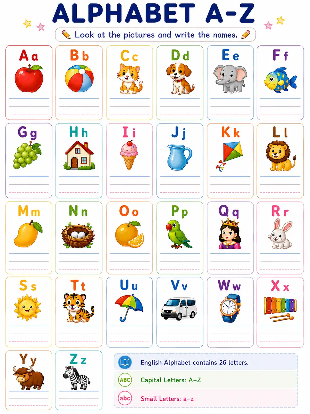 ALPHABET A-Z: Look at the pictures and write the names (Worksheet)