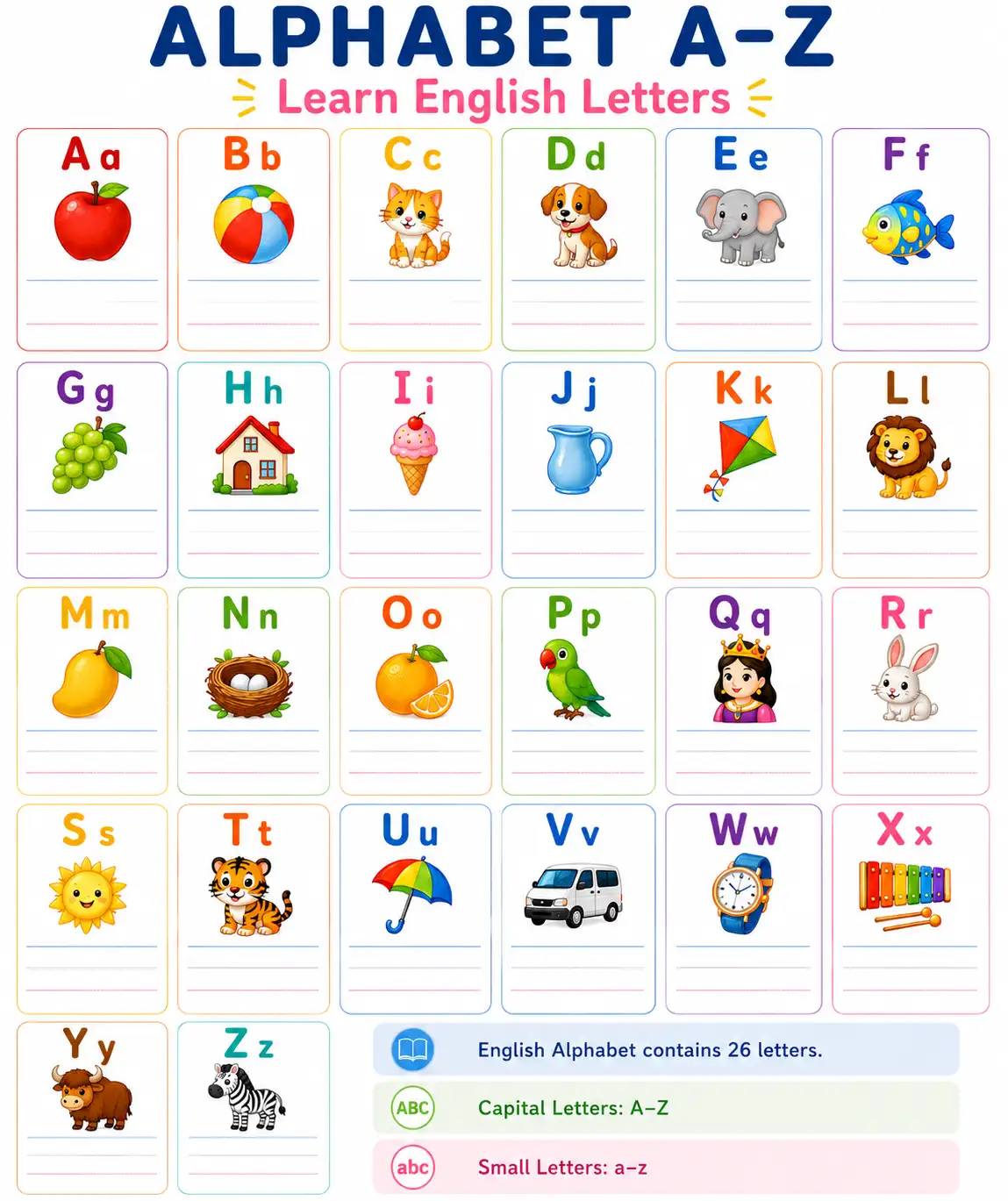 ALPHABET A-Z: Learn English Letters (Worksheet with Diagrams)