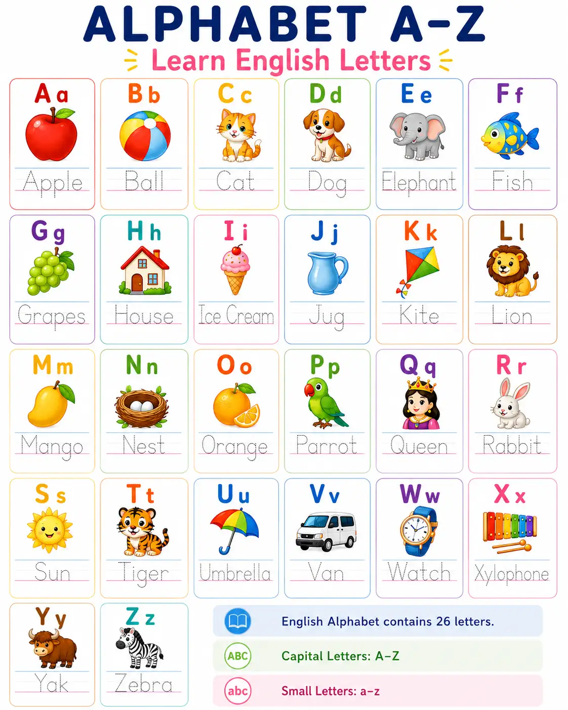 ALPHABET A-Z: Learn English Letters (Worksheet with Tracing Lines)