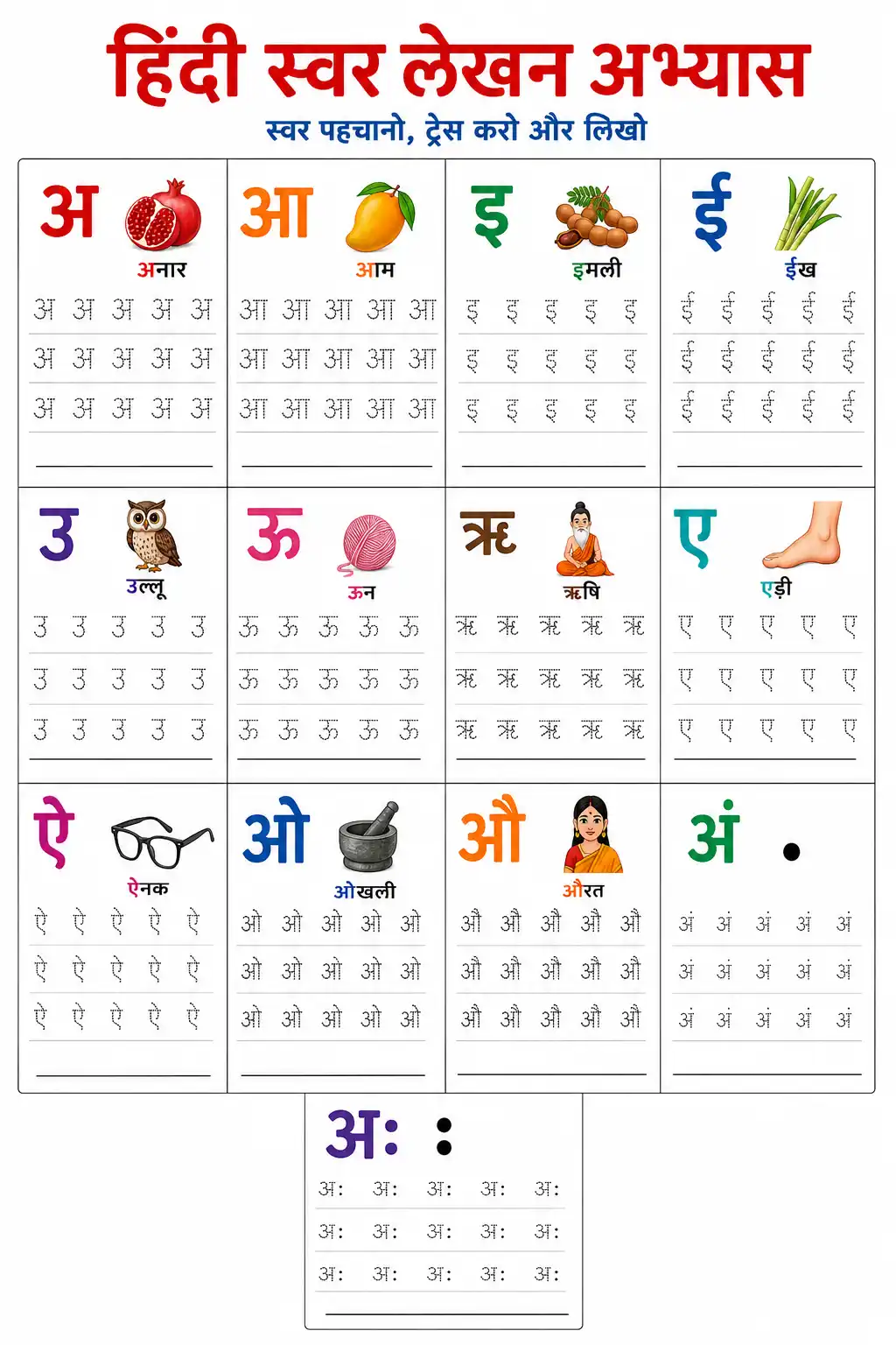 Hindi Swar Lekhan (Vowel Tracing) Worksheet