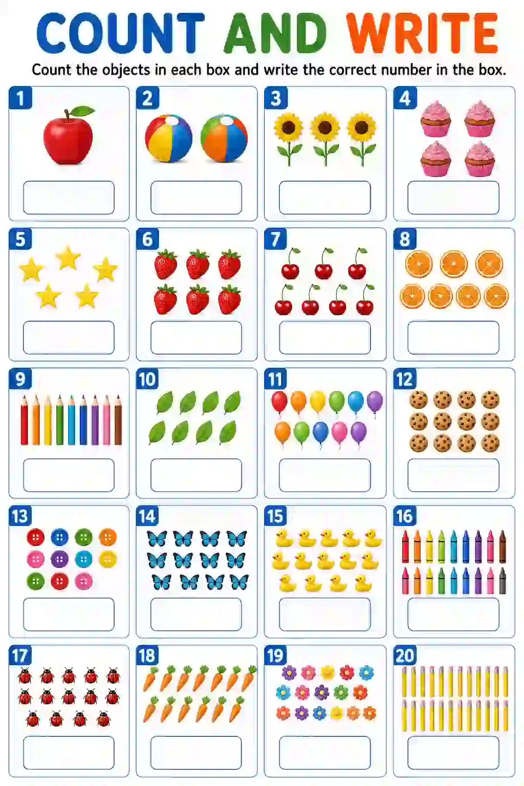 Count and Write Worksheet: Numbers 1 to 20