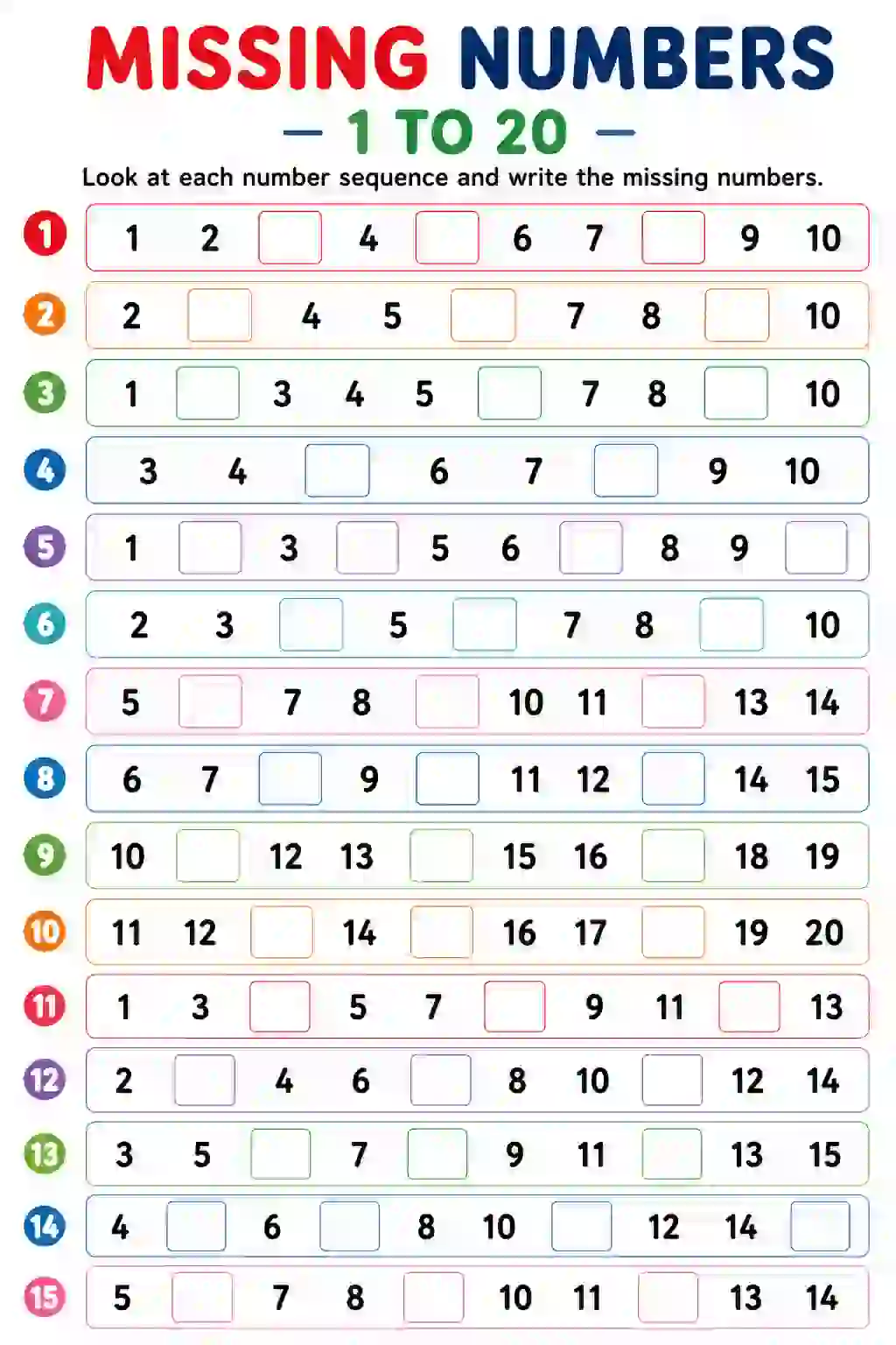 Missing Numbers 1 to 20 Worksheet: Complete the Sequence