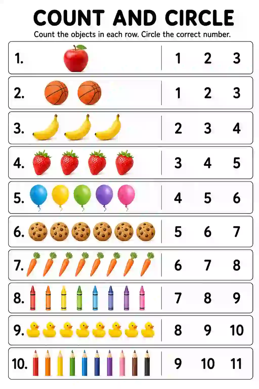 Count and Circle Worksheet: Numbers 1 to 10