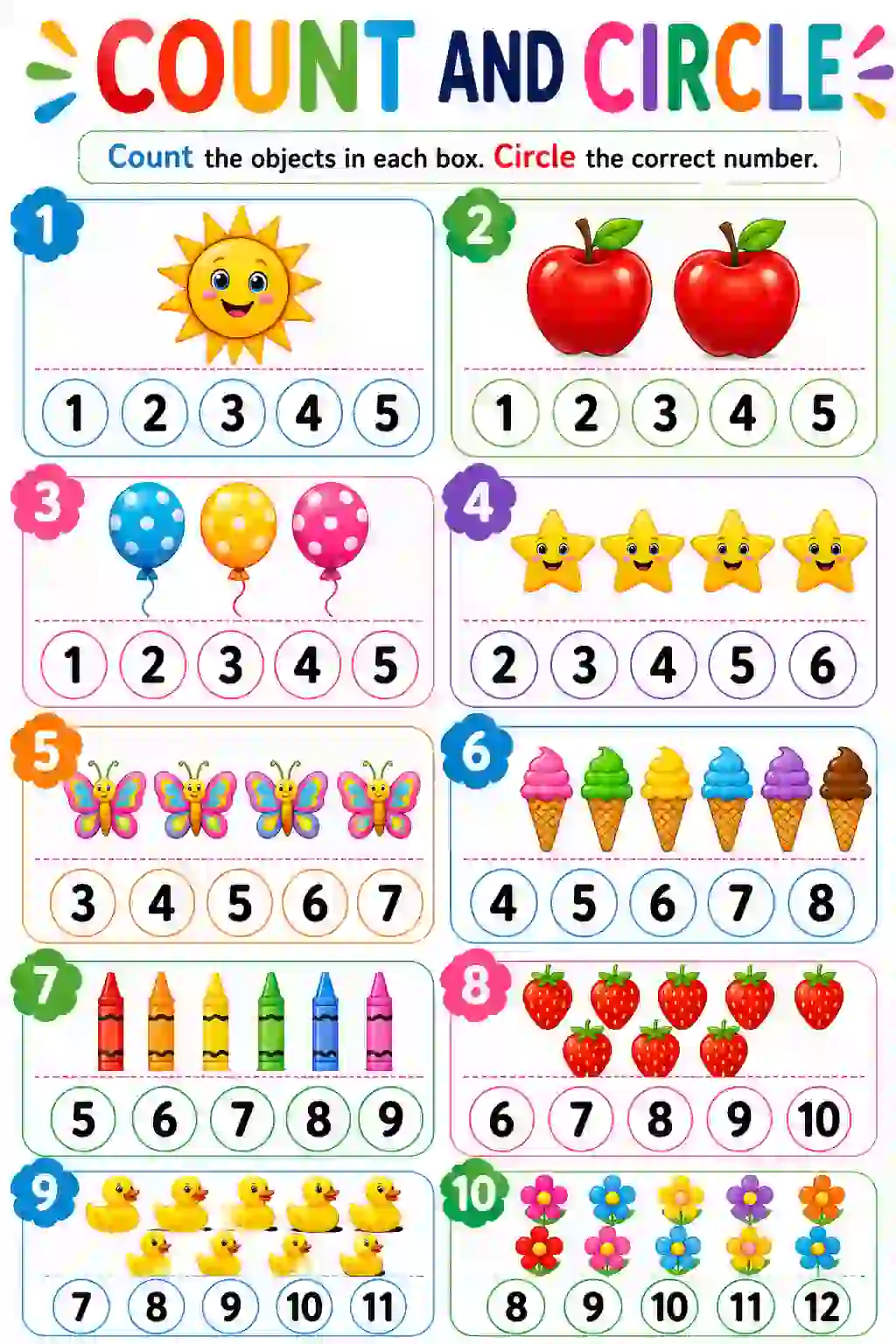 Count and Circle Worksheet: 1 to 10 Activity