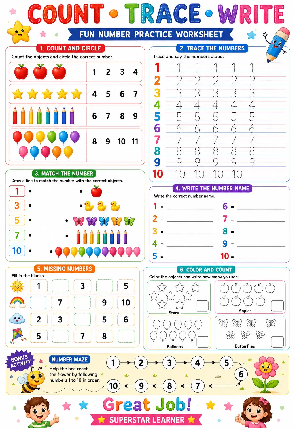 Count Trace Write: Fun Number Practice Worksheet