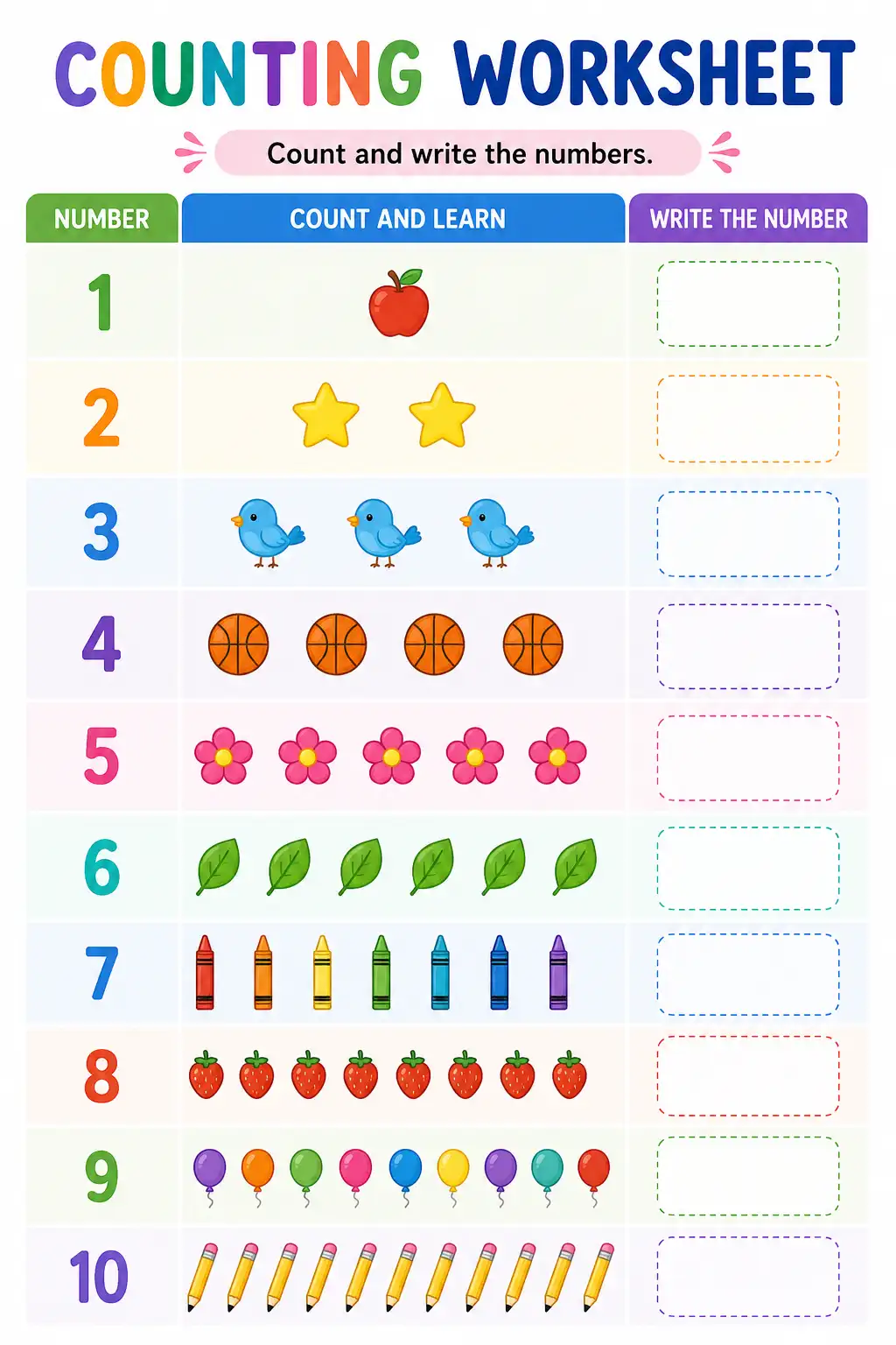 Counting Worksheet - Count and Write the Numbers 1 to 10 (Easy)