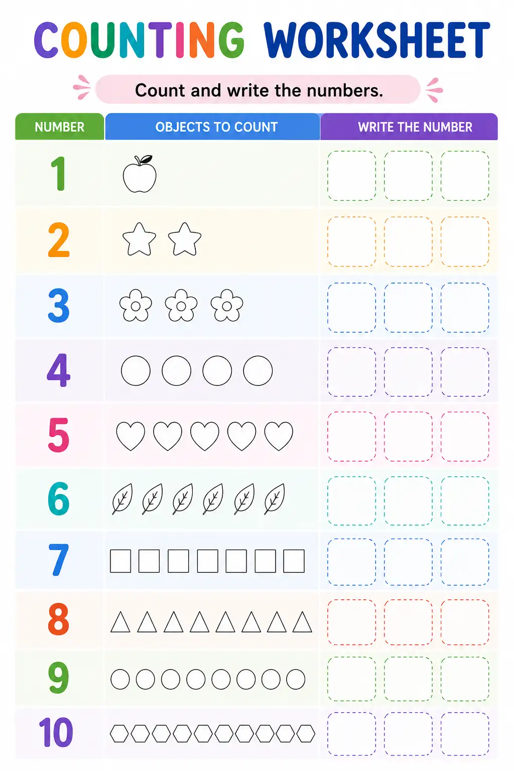 Counting Worksheet - Count and Write the Numbers 1 to 10