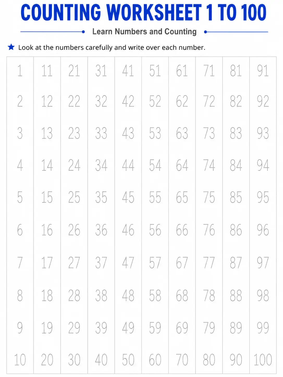 Counting Worksheet 1 to 100 - Learn Numbers and Counting (Column Wise Tracing)