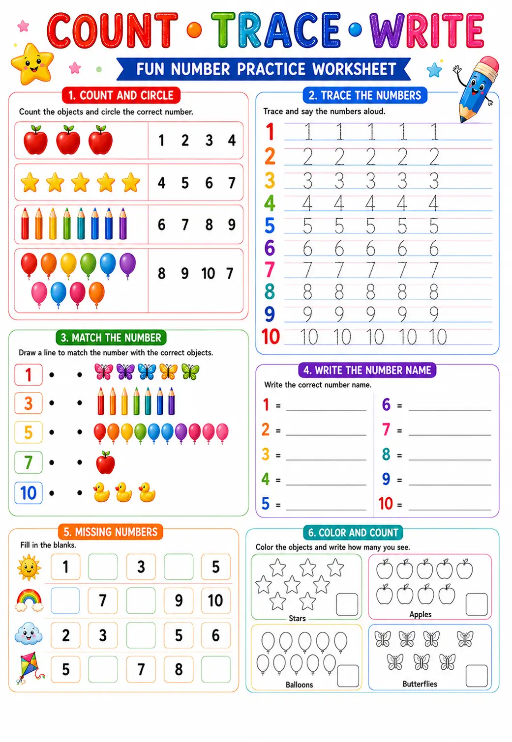 Count Trace Write Fun Number Practice Worksheet