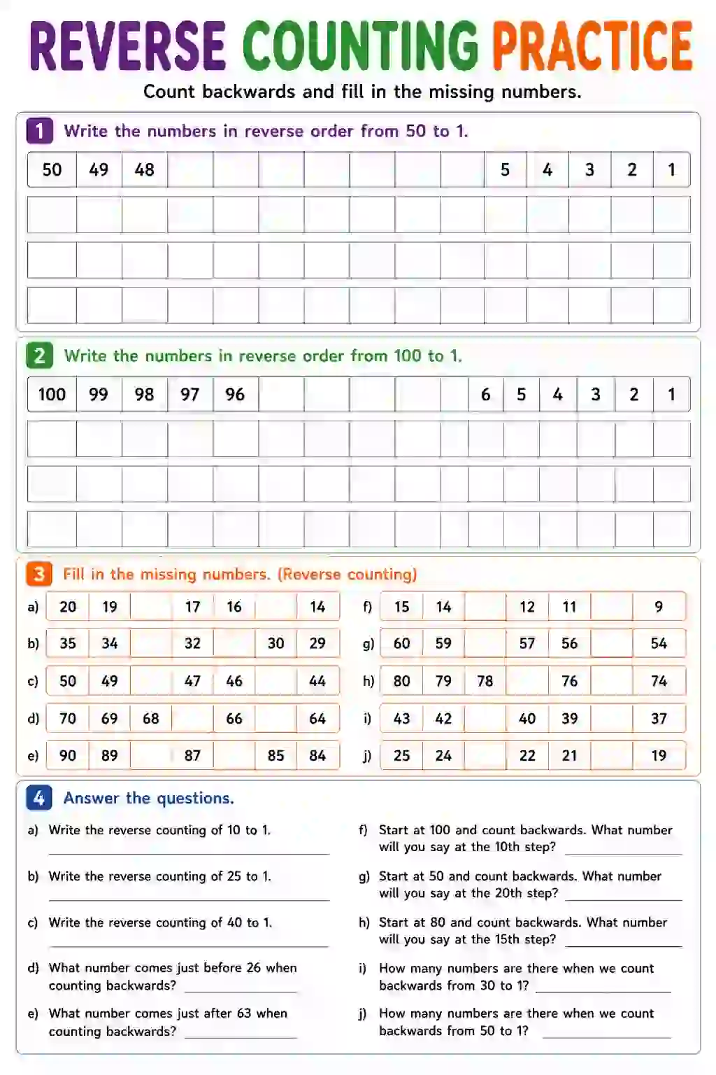 Reverse Counting Practice Worksheet: 100 to 1