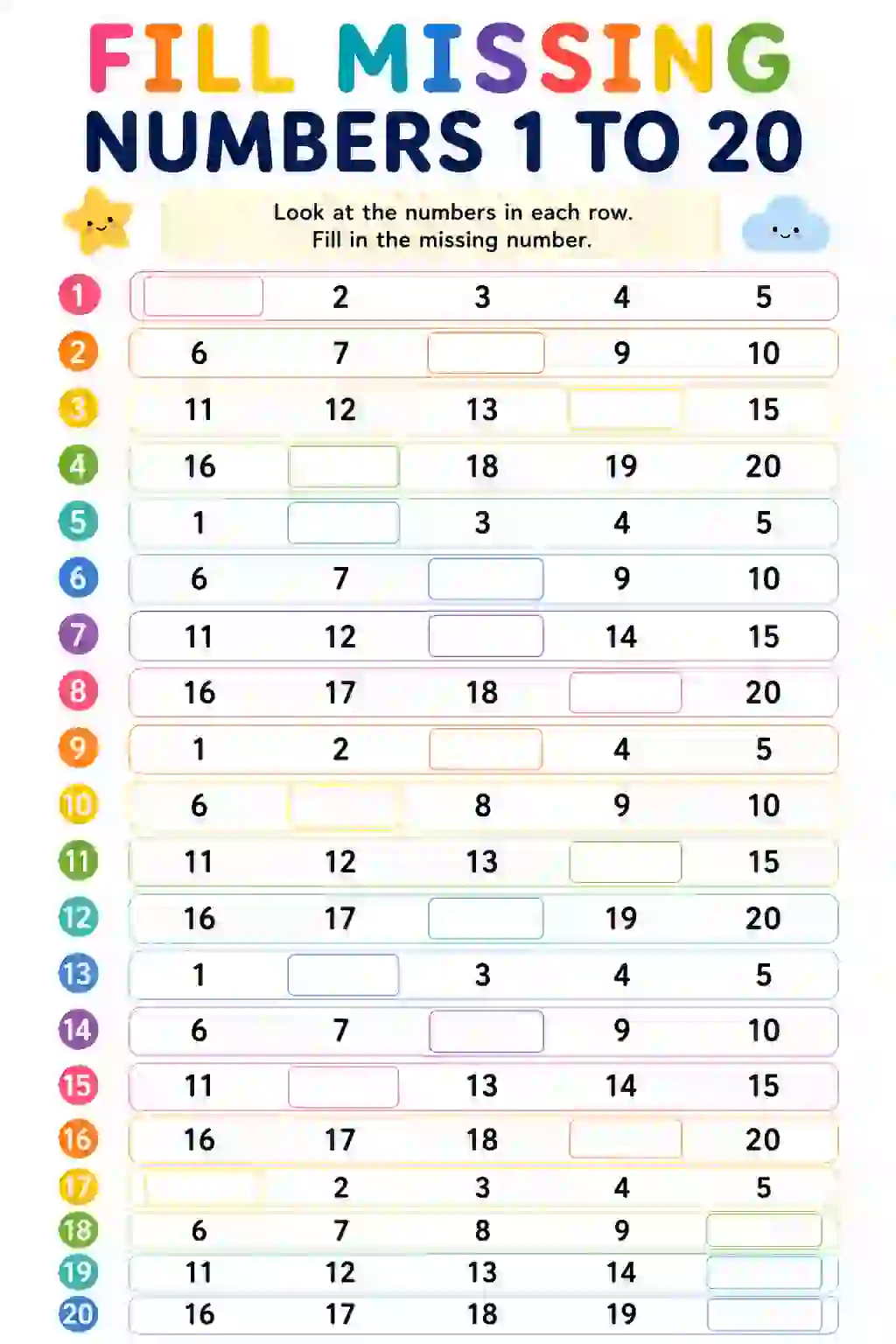 Fill Missing Numbers 1 to 20 Worksheet (UKG)