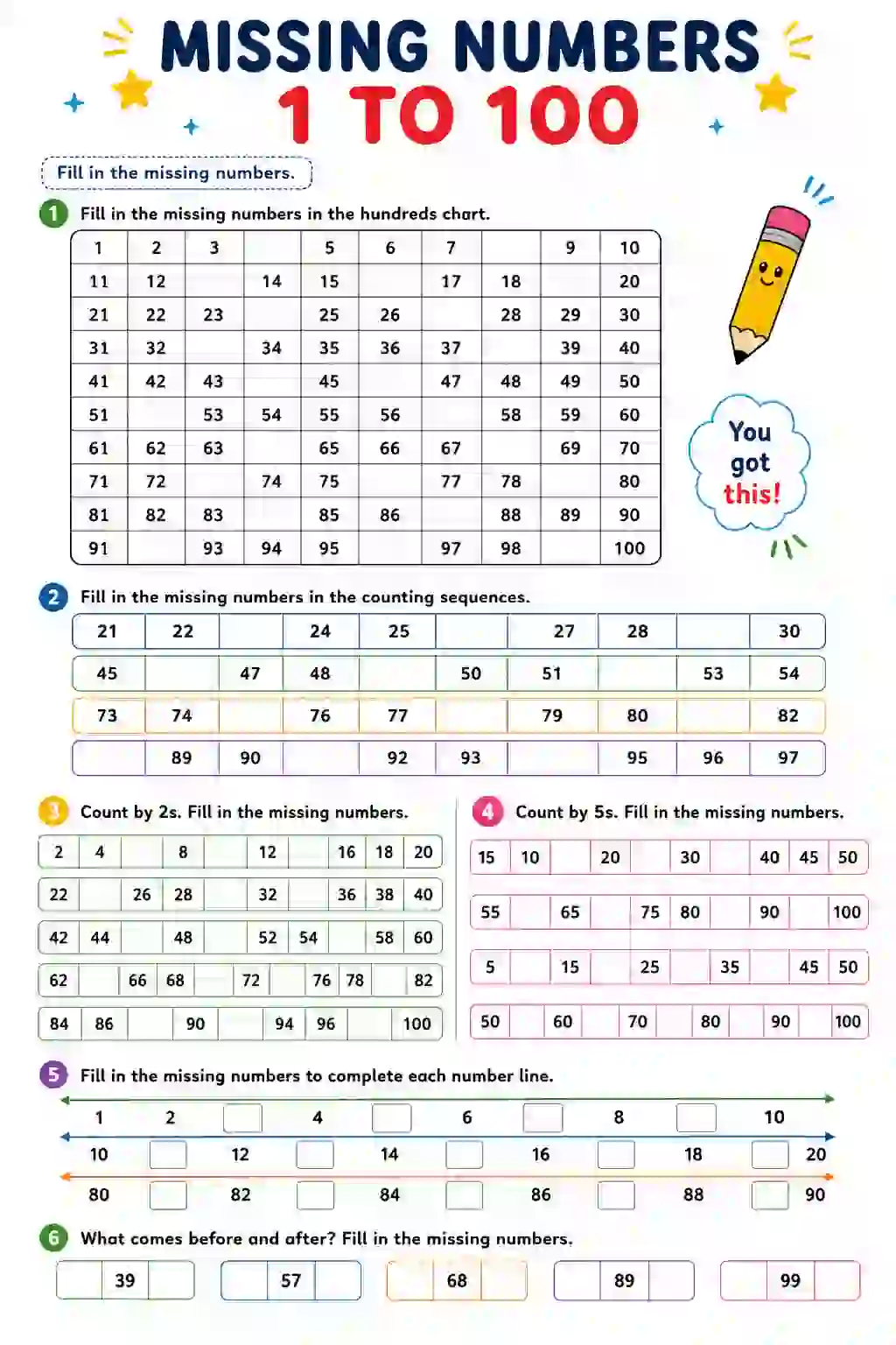 Missing Numbers 1 to 100 Worksheet (Class 2)