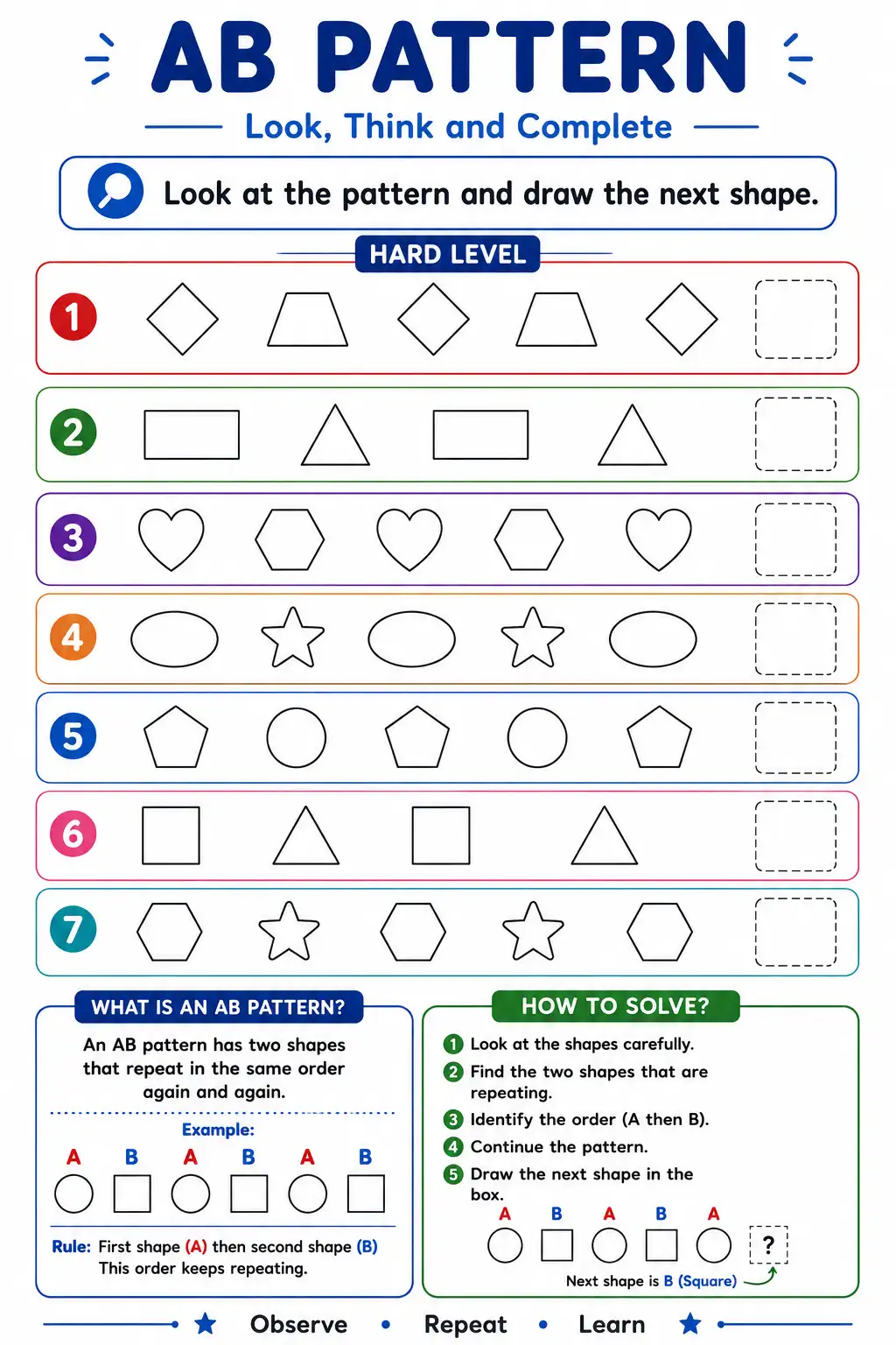 AB Pattern - Look, Think and Complete Worksheet Chart