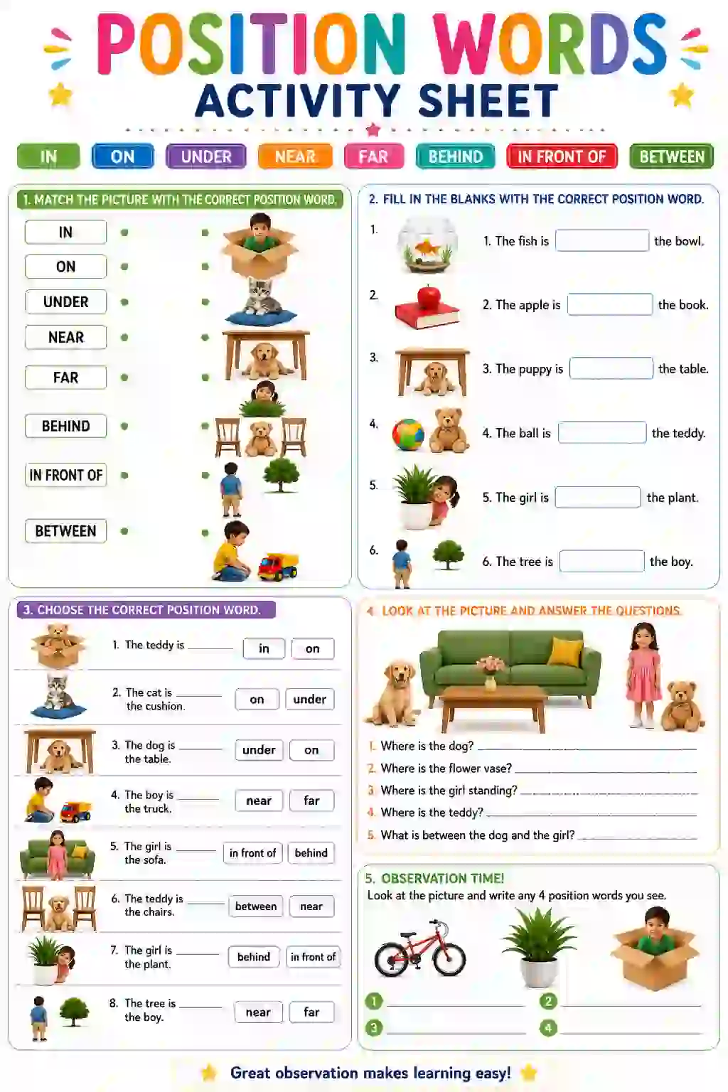 Position Words Activity Sheet (LKG)